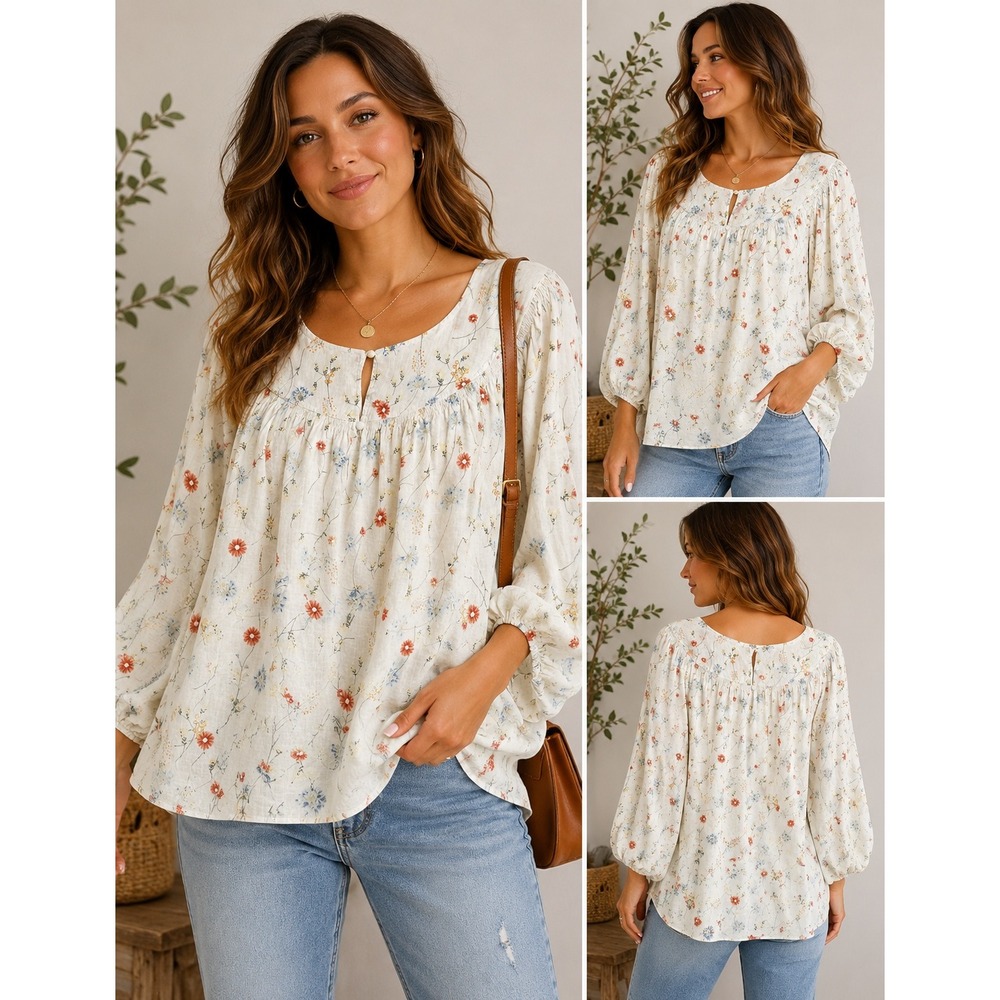 ana a new approach Floral Peasant Blouse XL White Cotton Rayon Puff Sleeve Top